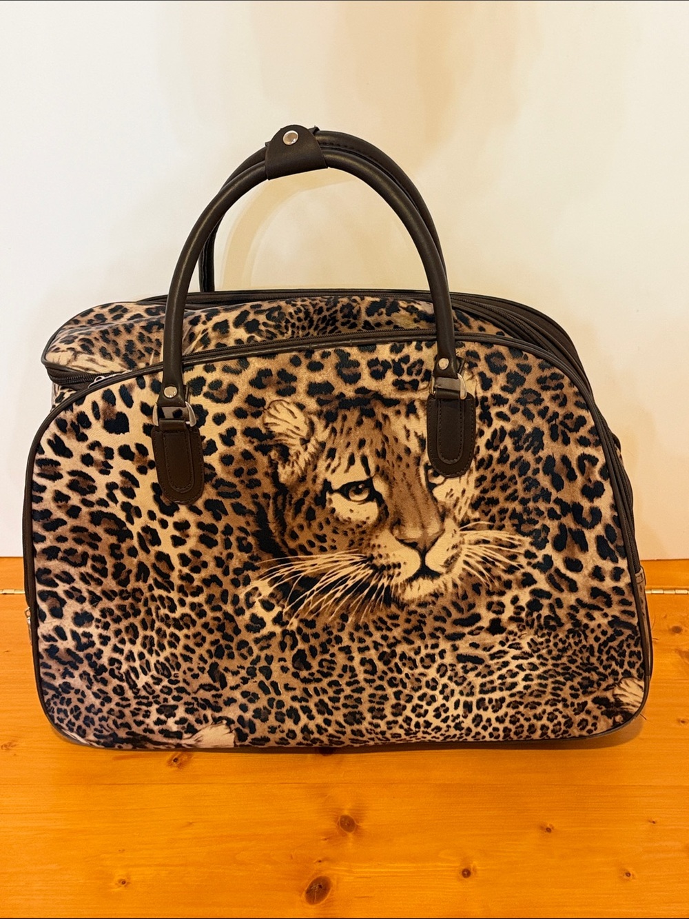 Leopard Print Large Travel Tote Bag with Handles, Wheels and Side Handle NWOT